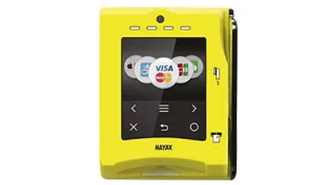 Gul betalingsterminal med kontaktløs funksjon og digital skjerm.